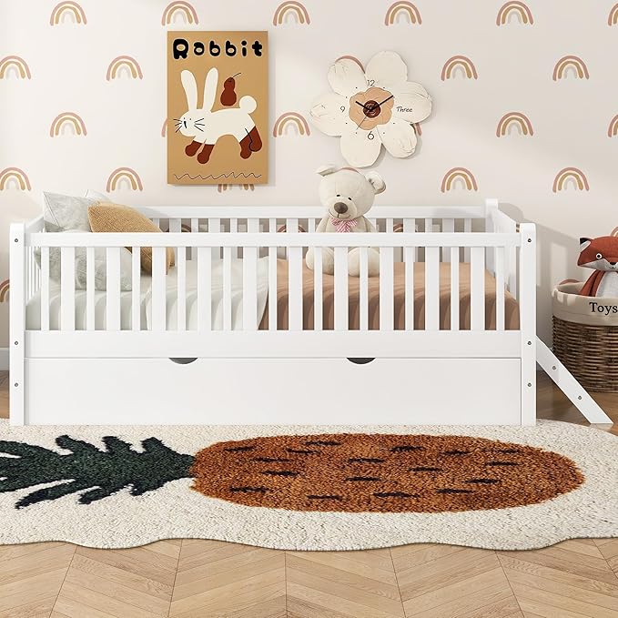 Twin Size Platform Bed with Guardrail and Trundle, Wood Kids Platform Bed Frame with Two-Step Ladder for Boys Girls, Sturdy Slats Support (White-1.26T)