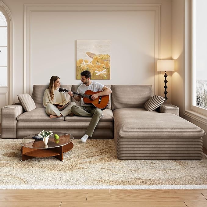 Cloud Sectional Couch,107 Inch Modular Sectional Sofa with Deep Seat, Modern Corduroy Boneless Couches with L-Shape Chaise for Living Room Bedroom, No Assembly Required (Camel, Right Facing Chaise)
