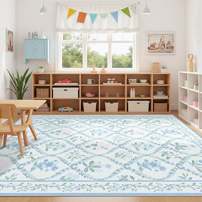 Washable Area Rug 6x9, Boho Blue Floral Rugs for Living Room Bedroom,Soft Ultra-Thin Cute Carpet Non Slip for Girls Room Entryway Playroom Dining Room Home Office,Blue Multi