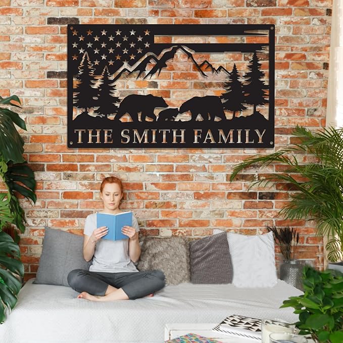 Custom American Bear Family Scene Metal Wall Sign, Personalized Family/Last Name Signs, Lodge Decor, Rustic Cabin/Living Room/Bathroom Decor, Wildlife Lover's Gift