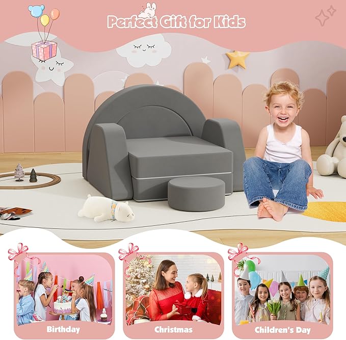 7 PCS Modular Kids Play Block Couch Child Sectional Sofa Toddler Building Fortplay Bedroom Playroom Baby Convertible Floor Foam Cushion for Boys & Girls (Dark Gray-Single)