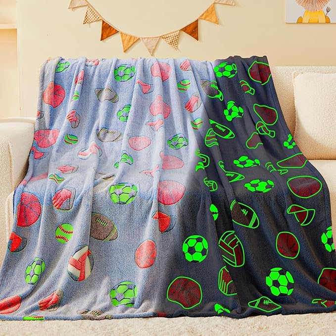 inhand Soccer Glow in The Dark Blanket Football Blanket Soccer Gift Toys for Boys Girls Teen Soft Cozy Kids Throw Blanket Bedroom Decor,Christmas Easter Birthday （Blue 50"x60"）