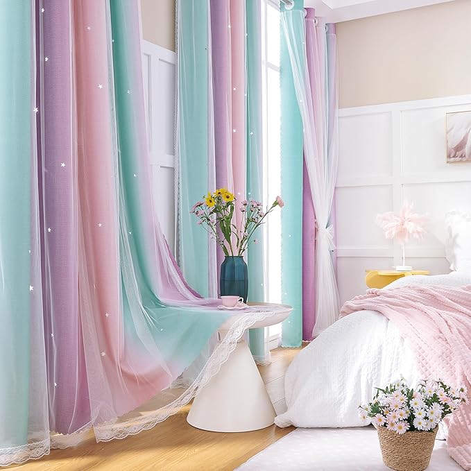 XiDi Girls Blackout Curtains 102 Inches Long for Bedroom, Room Darkening Grommet Window Ombre Curtains 2 Panel Sets, Kids Unicorn Princess Theme Decor Colorful Rainbow Design Pink Purple Green 34x102