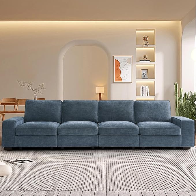 TEKAMON 128" Modular Sofa Couch with Seat Storage, Chenille Sofa, Modern Comfy 4-Seater Couch for Living Room, Office, Apart W/Deep Seat, Wide Armrest, USB Charging, Pockets, Removable Covers (Blue)