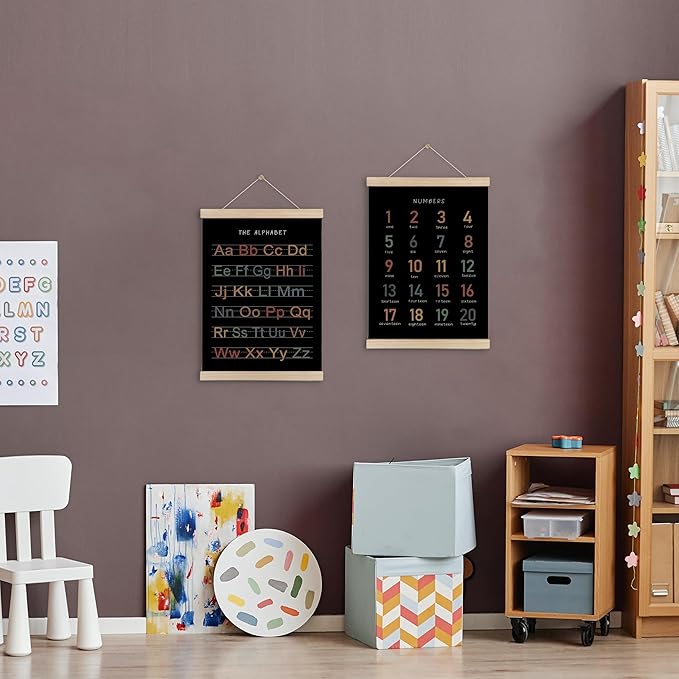 HRQKO Alphabet Numbers Poster Hanger Frame Set of 2, Black Nursery Wall Decor, ABC Poster Wall Art with Wooden Frames, Boho Alphabet Banner Wall Hanging Decor for Toddler Playroom, 12x16 Inch