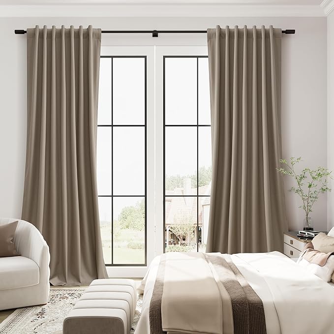 Guken Light Camel Linen 100% Black Out Curtains 120 Inch Long 2 Panels Back Tab Hook Belt Rustic Textured Blackout Privacy Curtains for Room Divider Patio Door Dining Room Light Tan 52x120 10Ft