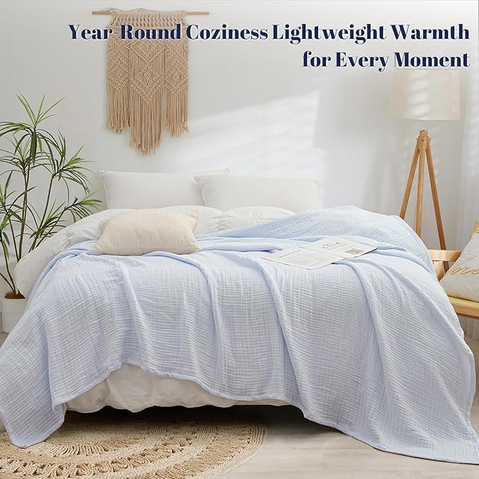PHF 100% Cotton Muslin Blanket Queen Size 90"x90", 4-Layer Lightweight Gauze Throw, Breathable Cloud-Soft Minimalist Blanket for Bed, Couch, Camping & Baby, Ancient Water, Ideal Gift