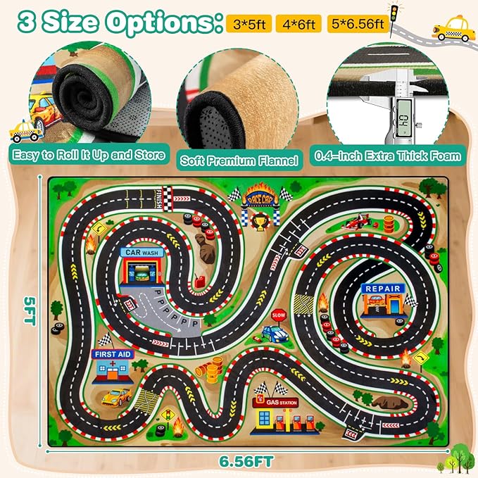 Kids Rug, Race Track Baby Play Mats, 5x7 FT Kids Rug for Playroom,Extra Thick (0.4in) Realistic 3D Cascading Surround Route, Great for Playing with Cars and Toys, Non-Slip Car Carpet