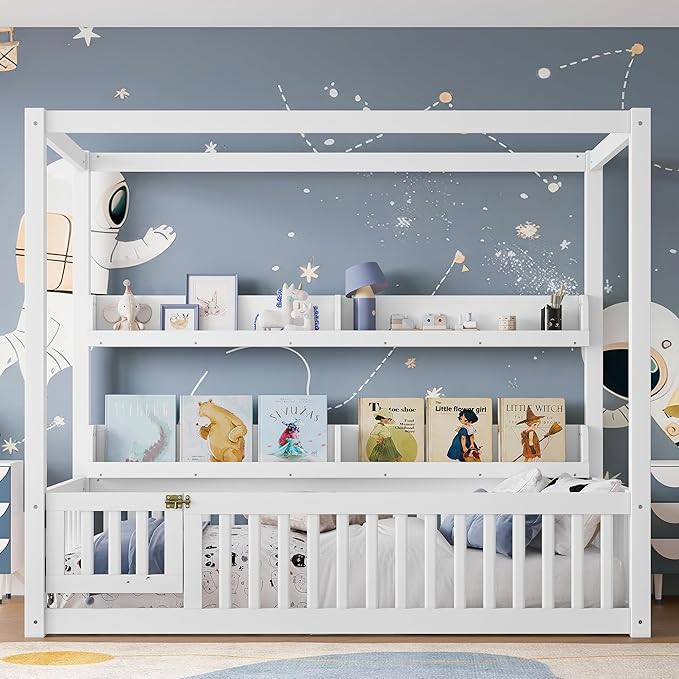 Polibi Twin Size Montessori Floor Bed with Guardrails, Low Profile Solid Wood Canopy Frame with Built-in Shelves, No Box Spring Needed, for Kids, White