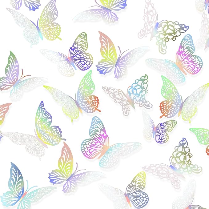 3D Gold Butterfly Wall Decor 3 Sizes 4 Styles Butterfly Party Decorations Cake Decorations Removable Stickers Wall Decor Room Mural Metallic Kids (Laser Colored, 96Pcs)