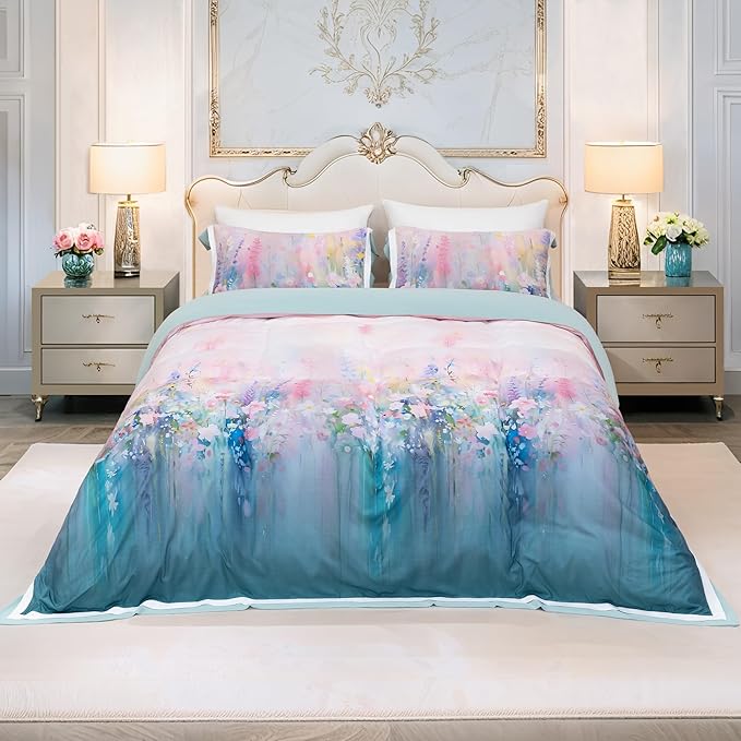 MAGRACE Impressionist Flower Duvet Cover Set King Size - Watercolor Printed Floral Bedding in Washed Fiber – Pastel Ombre Garden Print with Corner Ties & Zipper – Soft and Artistic