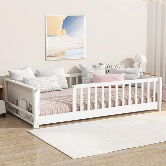 Floor Bed with Rails and Door Twin Size, Wood Montessori Floor Bed with Storage Bookcase, Kids Bed Frame with Fence for Boys Girls, White