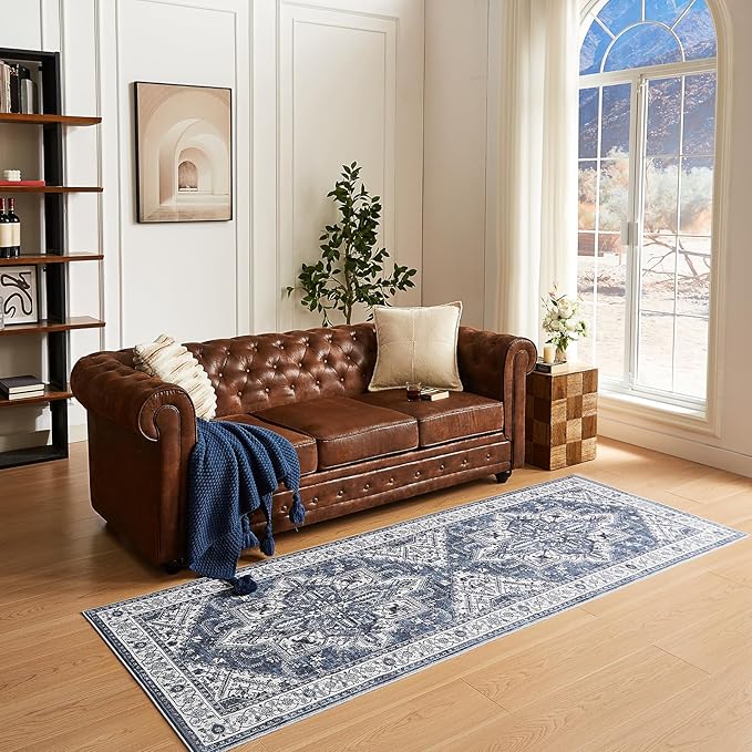WITSHOCK Living Room Area Rugs 3x8: Washable Rug Boho Soft Non-Slip Low Pile Stain Resistant Foldable Carpet for Bedroom Playroom Dining Room Office Kitchen Farmhouse Home Decor Rug-Blue