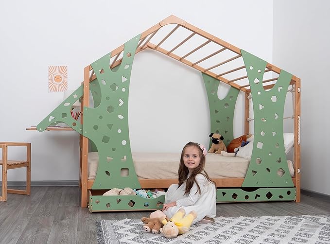 BUSY WOOD Monkey Bed – Twin Frame with Storage & Removable Table – Montessori Indoor Playground – Jungle Gym Furniture for Kids – Toddler Sleeping Frame with 2 Drawers