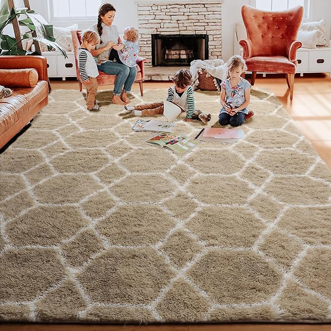 ONASAR Living Room Area Rug 6x9, Large Beige and White Geometric Floor Rugs for Bedroom Home Decor Aesthetic, Soft Fuzzy Shaggy Plush Fluffy Moroccan Carpet for Teen Nursery Dorm Classroom Office