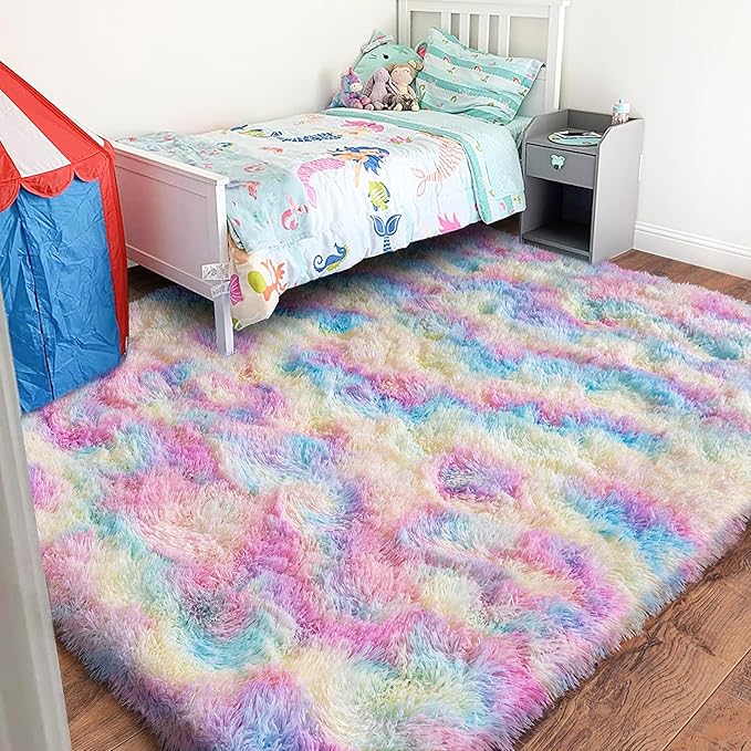 Rainbow Rug for Living Room, 9x12 Area Rug for Cute Girls Room, Bedside Indoor Floor Fluffy Shag Carpet, Plush Soft Rug for Bedroom Nursery Dorm Home Decor