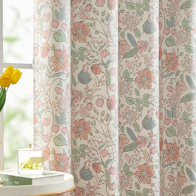 jinchan Nursery Curtains 95% Blackout 90 Inch Long, Pink Floral Curtains for Girls Room, Farmhouse Country Drapes for Living Room, Room Darkening Window Treatments Grommet Top Set 2 Panels