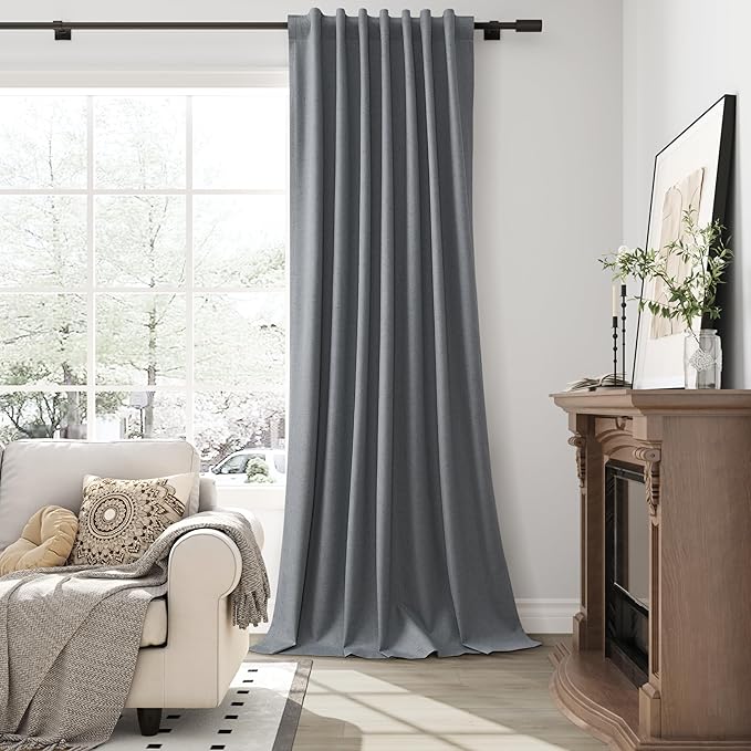 Grey 100% Blackout Linen Curtains for Living Room 120 Inches Long Back Tab Textured Black Out Thermal Insulated Privacy Curtains for Room Divider Sliding Door Gray 2 Panels Set 52x120 10Ft