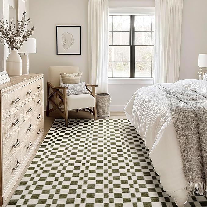 EverGrace Checkered Plaid Area Rug 9x12, Soft Faux Wool Rugs Washable Anti Slip Rugs Large Rug Carpet for Entryway Bedroom Living Room Hallway Kitchen Dining Room and Laundry Room, Olive Green