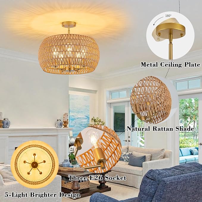Rattan Ceiling Light Fixture, 5-Light Boho Semi Flush Mount Ceiling Light, 20" Wicker Light Fixture with Handmade Woven Cage Lampshade, Rattan Chandelier for Bedroom Hallway Nursery Kitchen Farmhouse