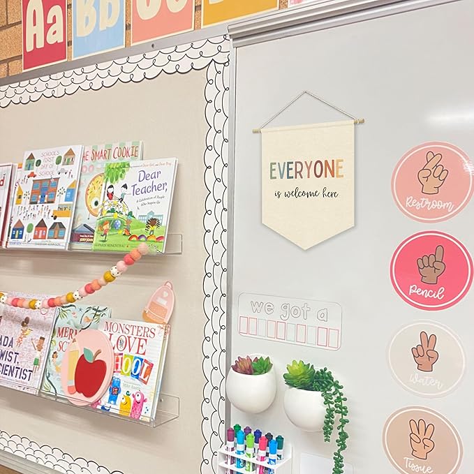 Classroom Decor,Everyone Is Welcome Here Canvas Banner,Welcome Sign Classroom Must Haves Decorations Wall Art Canvas Hanging Pennant Flag Banner