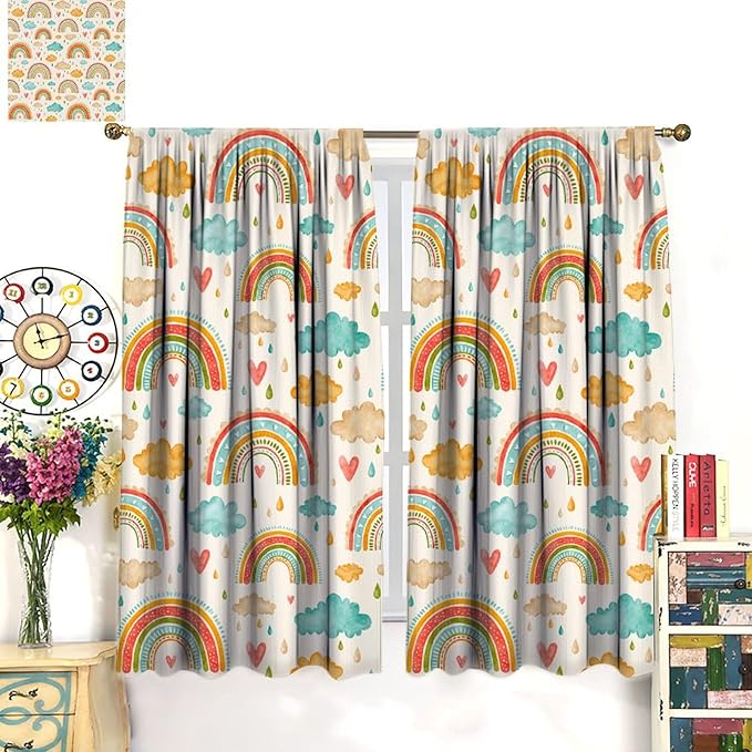 Boho Rainbow Curtains for Kids Nursery Colorful Floral Sun Star Clouds Pastel Bohemian Pattern Print Window Drapes for Girl Bedroom Living Room Kitchen Decor,2 Panel Set,84Wx84H Inch Blackout