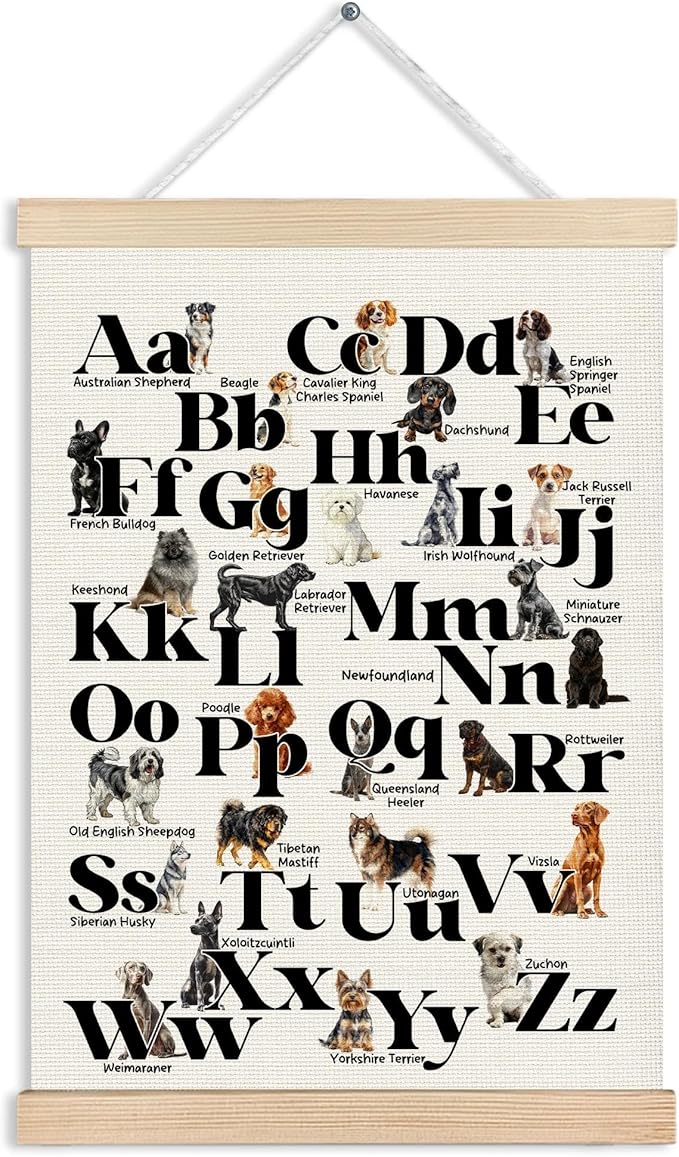 MVLJG Dog Alphabet Nursery Wall Art Poster, Dog Lover Mom Lady Gifts, Cute ABC Educational Canvas Prints Hanging Wall Decor for Toddler Kids Bedroom Playroom Classroom, 12x16 Inches