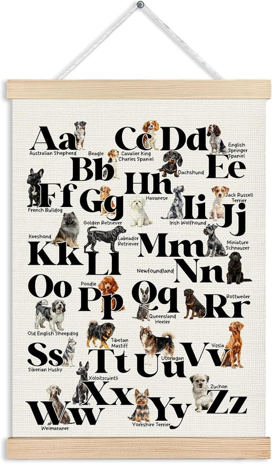 MVLJG Dog Alphabet Nursery Wall Art Poster, Dog Lover Mom Lady Gifts, Cute ABC Educational Canvas Prints Hanging Wall Decor for Toddler Kids Bedroom Playroom Classroom, 12x16 Inches