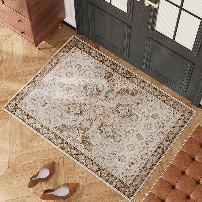 AMTOVO 2x3 Washable Entryway Area Rug Door Mat, Vintage Boho Distressed Print Pattern Non-Slip Carpet, Small Throw Rug for Indoor Entrance Kitchen Bedroom Bathroom Laundry Floor, Light Brown