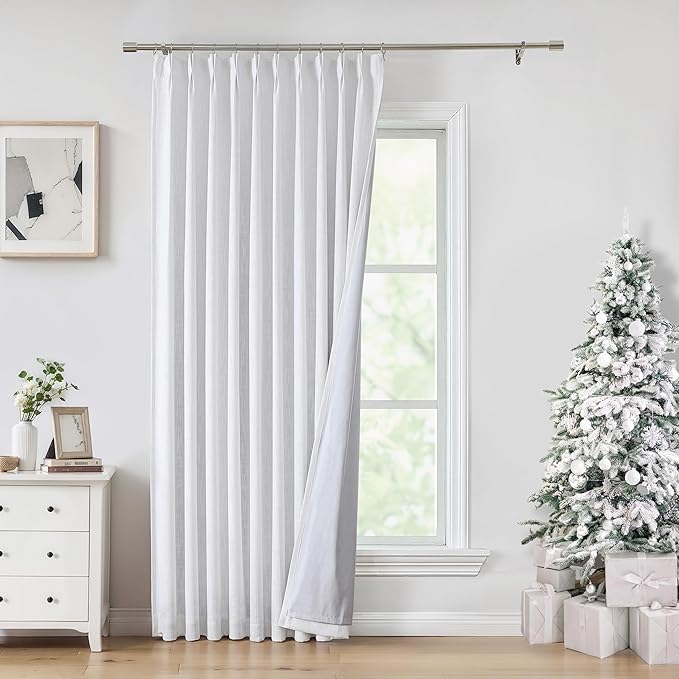 Pinch Pleated Blackout Curtain Panels with Full Blackout Liner Linen Texture Window Treatment Sets with Back Tab for Living Room Bedroom Thermal Insulated Drape with 12 Hooks, 60"x95"x1, White