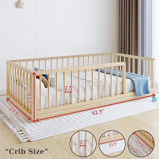 Montessori Slatted Floor Bed for Boys and Girls | Slatted Bed with Natural Solid Pine Frame | Sturdy Designed Floor Bed for Children (Crib)