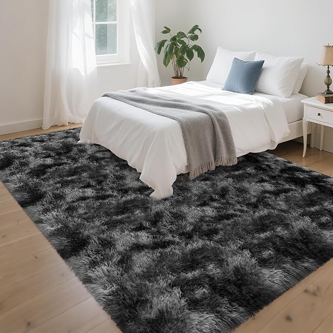 Soft Fluffy Plush Area Rug for Bedroom Living Room, 5x8 Tie-Dyed Grey and Black Fuzzy Shag Carpet Indoor Modern Shaggy Rug for Kids Room Boys Girls Dorm Nursery Home