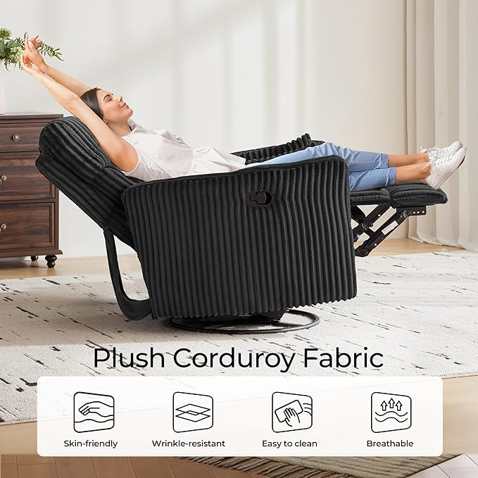 LINSY HOME 360 Swivel Nursery Rocking Chair with 2 Pillows, Corduroy High Back Adult Recliner for Small Spaces, Nursery Glider Rocker Chair, Bedroom Living Room Reclining Chairs (Black)