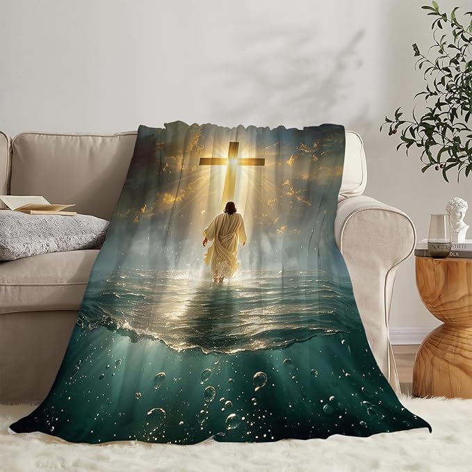 Jesus Christian Throw Blanket Jesus Walking on Water Fleece Blanket Christ Cross Religious Soft Cozy Fuzzy Plush Warm Stuff Bedding Blankets Gifts for Boys Girls Kids Adult Men Women 50"X60"