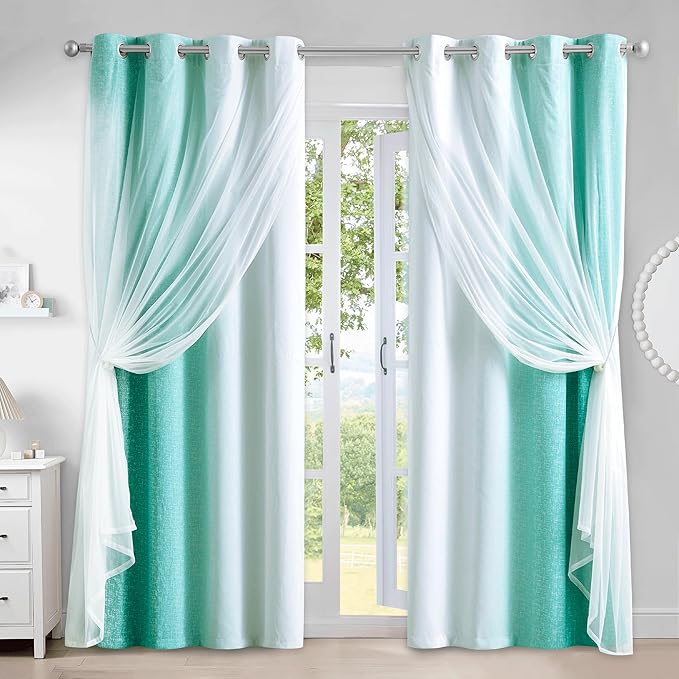 100% Blackout Curtains with Sheer Overlay Mix and Match Double Layer Drapes 96 Inch Long 2 Panels for Bedroom Living Room Teal White Ombre Grommet Window Treatment with Tiebacks