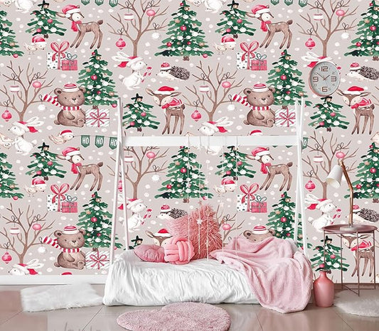 XMPMBM-Christmas Day Cartoon Pine Forest Nursery Room Fabric Wallpaper Kids Bedroom Hand-Painted Graffiti Wall Mural-W 154" X H 105"（112 Square Foot）