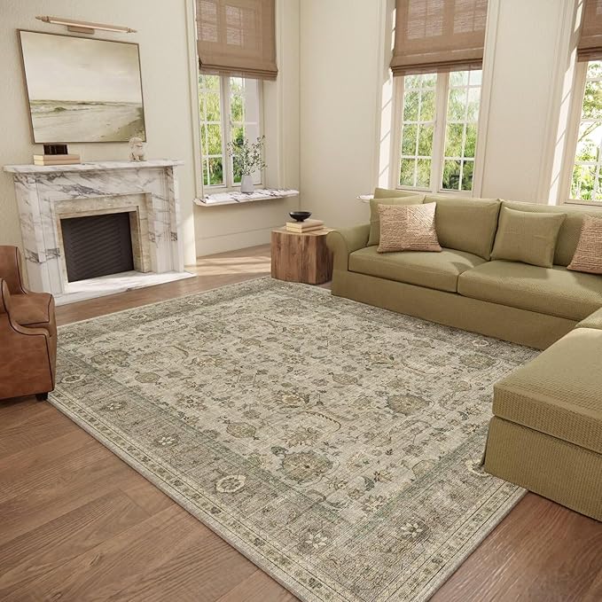 Washable 8x10 Area Rugs for Living Room, Boho Non-Slip Vintage Distress Large Rugs for Bedroom Dining Room Nursery Office, 0.3" Neutral Oriental Throw Thin Carpet, Flaxen/Brown/Multi