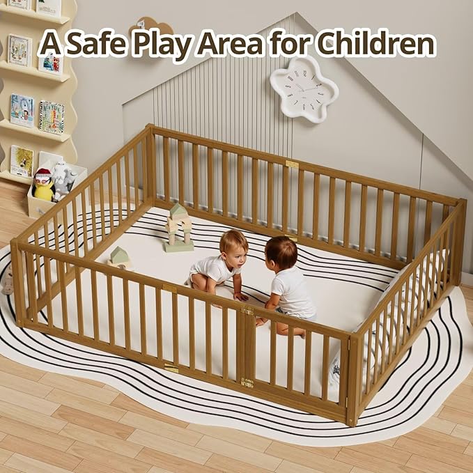LLS Queen Size Floor Bed with 21.6" High Fence for Kids Boys Girls, Solid Wood Multifunctional Montessori Bed Frame with Door, Without Slats, Light Espresso