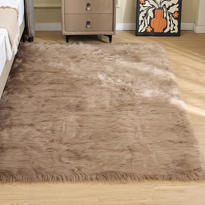 Beige Furry Washable Faux Sheepskin Fur Rug for Living Room Bedroom Fluffy Area Rug 4x6 Rectangle Rug Nursery Decor