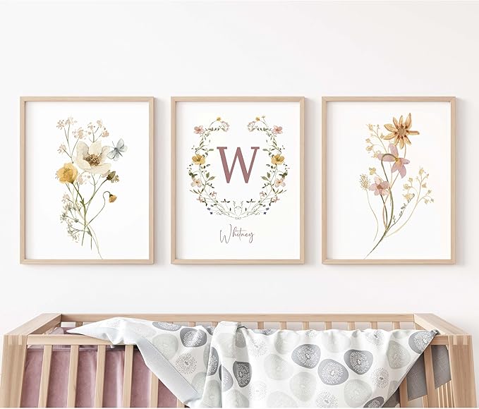 Personalized Name Flower Nursery Wall Art Prints, Crib & Nursery décor, Newborn Baby Girl Gift Present, Floral Baby Girl Room Pictures, Poster For Baby And Kids (3 Prints, Flower 3)