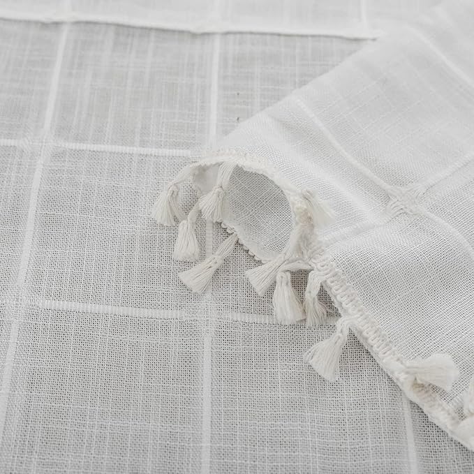 Deeprove Boho Plaid Curtains 72 inch for Home Office Kitchen Nursery, Moroccan Casual Farmhouse Tassels Window Treatment Bohemian Embroidery Drape Rod Pocket 1 Panel 52 W x 72 L, Cream White