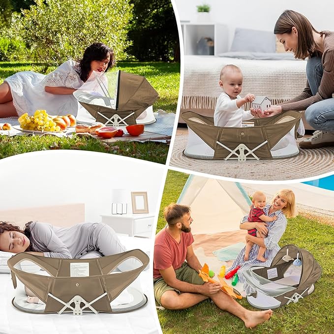 Portable Baby Bassinet for Baby Travel, Baby Cribs Travel Pod for Outdoors Baby Lounger Infant Travel Bed with Mosquito Net and Sunshade Canopy, Lightweight Washable (Brown)