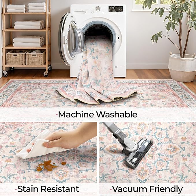 Machine Washable Rugs Nursery Rug 4x6 Cute Girl Non Slip Low Pile Water Repellent Soft Print Pattern for Bedroom Indoor Decor Kids Playroom Pinkteal