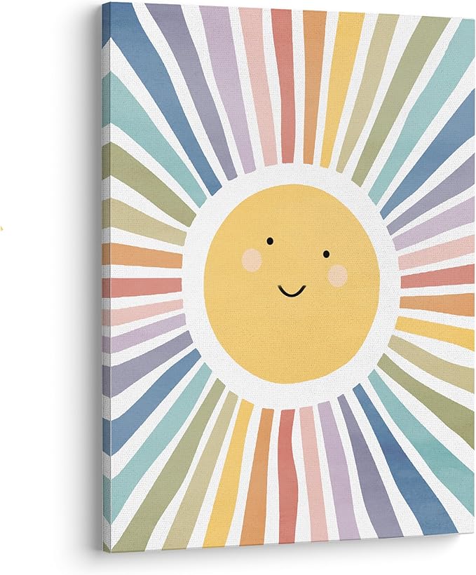 XWELLDAN Cute Cartoon Smiling Sun Cheerful Nursery Wall Art Canvas Prints, Boho Watercolor Neutral Sun Sunshine Wall Art Decor for Kids Baby Bedroom Nursery Playroom, 11 x 14 Inch, Framed
