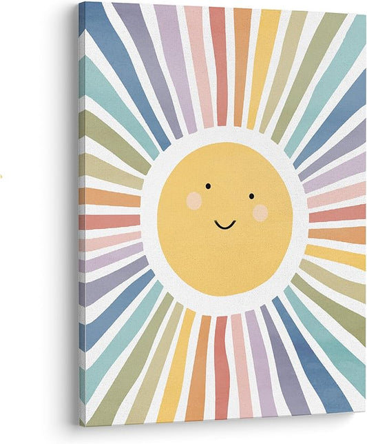 XWELLDAN Cute Cartoon Smiling Sun Cheerful Nursery Wall Art Canvas Prints, Boho Watercolor Neutral Sun Sunshine Wall Art Decor for Kids Baby Bedroom Nursery Playroom, 11 x 14 Inch, Framed