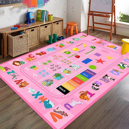 5x7ft Kids Rug for Playroom Alphabet, Numbers, Colors, Season and Animal Words Shape, Playmat Pink Rug for Toddlers Nursery Girls Room Thin Durable Washable Floor Mats