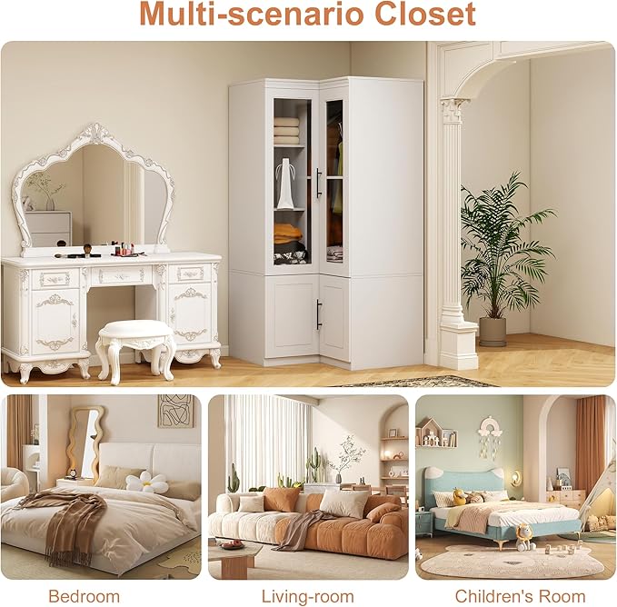 Corner Armoire Wardrobe Closet with Glass Door, Wood Wardrobe Closet Cabinet Bedroom Armoire with Hanging Rods for Home/Bedroom/Living Room White-53