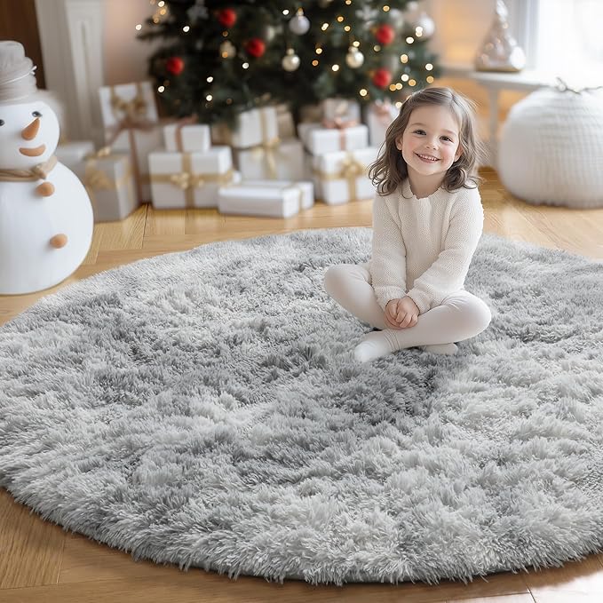 Amdrebio Tie-Dyed Light Grey Round Rugs for Living Room, 8x8 Rug, Extra Large Circle Area Rug for Bedroom, Soft Fluffy Carpet, Modern Floor Circular Rug, Big Shaggy Farmhouse Rug for Apartment
