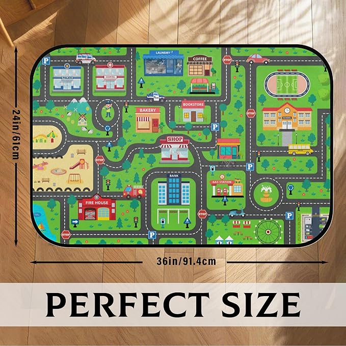 Kids Car Road Play Rug - City Town Map Track Soft Non-Slip 2x3 Ft Carpet Traffic Mat Washable Playroom Bedroom Boys Nursery Educational Area Rug Entrance Mats Classroom Decor (24"x 36")