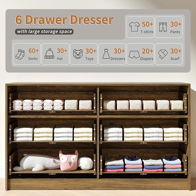 Walnut 6 Drawer Dresser Bedroom,55” Wide Fluted Dresser Wood with Gold Handles,Mid Century Wooden Chest of Drawer for Closet,Bedroom,Living Room,Walnut